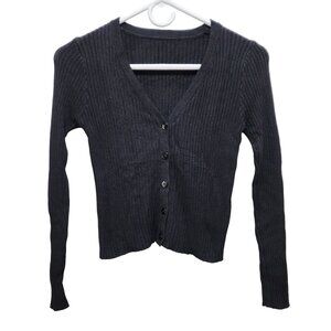 Womens Ribbed Black Cardigan Sweater V-Neck Midi Size XS